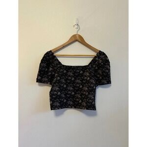 NWT Madewell Square Neck Puff Sleeve Smocked Crop Top in Black Floral | Small